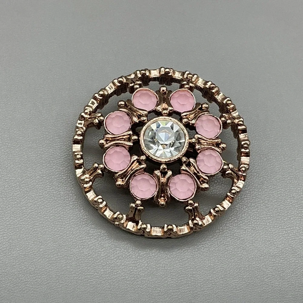 Gold Tone Pink Rhinestone Flower Brooch Pin Round Openwork Costume Jewelry